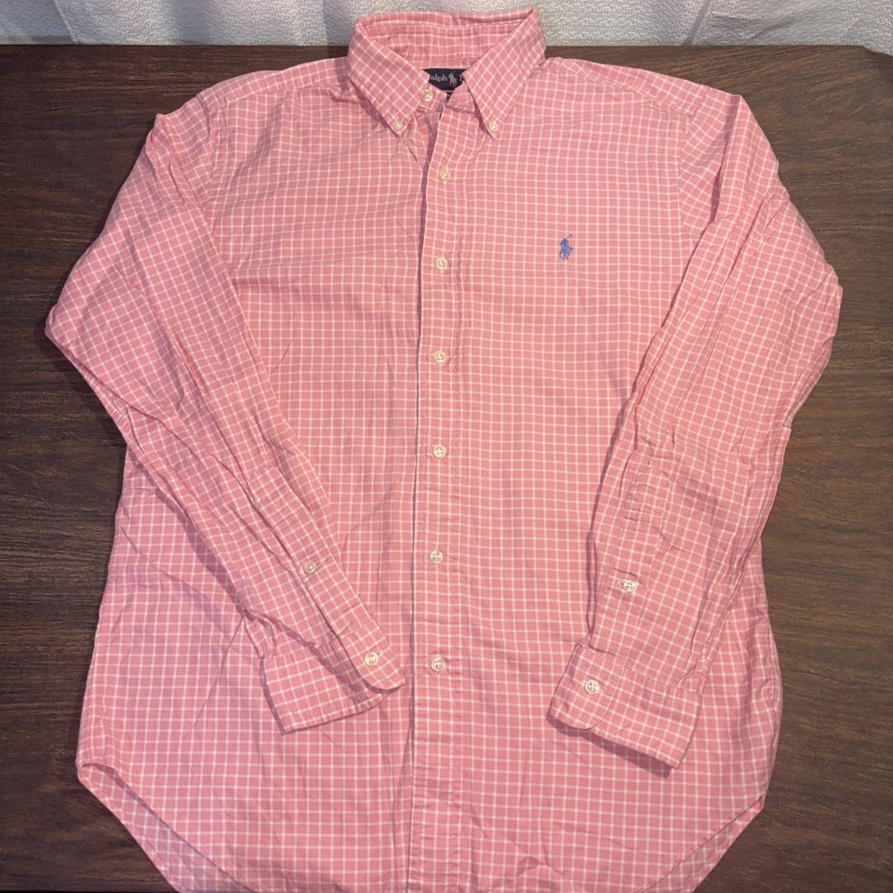 Ralph Lauren Shirt Mens Medium Pink Classic Fit Gingham Plaid Cotton Blue Pony